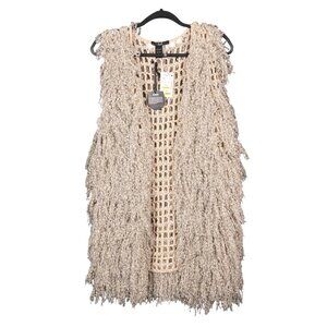 Rain Boho Shaggy Knit Open Vest L NEW Fringed Acrylic Crochet Lagenlook Long